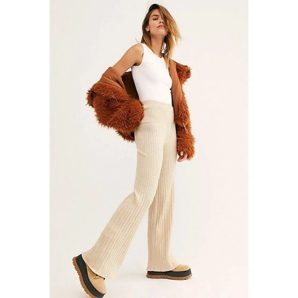 NEW FREE PEOPLE Sz LKEEP IT REAL SWEATER RIBBED KNIT FLARE PANTS CHAMPAGNE